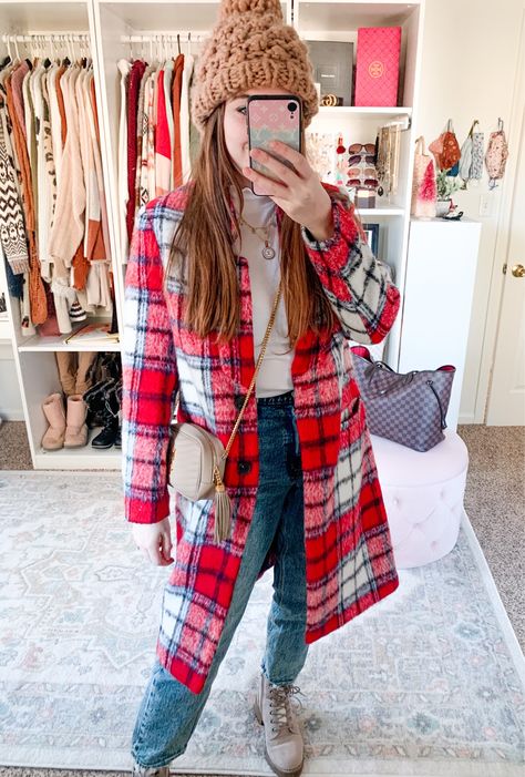 Plaid Peacoat Outfit, Coat Outfits For Women, Plaid Jacket Outfit, Peacoat Outfit, Womens Winter Coat, Red Plaid Coat, Shacket Outfit, Farm Photos, Flannel Coat