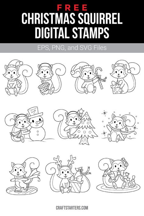 Christmas Squirrel Drawing, Digi Stamps Free Printables, Squirrel Outline Drawing, Christmas Digital Stamps Free Printable, Squirrel Silhouette Printable, Digi Stamps Free Printables Christmas, Christmas Squirrel Illustration, Squirrel Svg, Free Christmas Digi Stamps