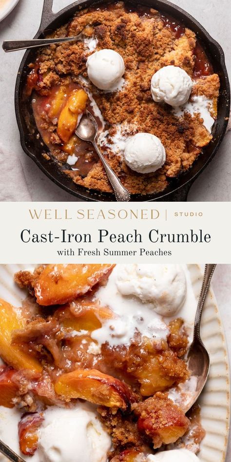 Homemade Peach Crumble is the perfect summer dessert for easy entertaining! Assemble the filling made with fresh peaches in a cast-iron skillet or baking dish, then top with the buttery, crunchy topping. Easier than pie, but every bit as delicious. Serve the warm peaches with a scoop of vanilla ice cream or whipped cream. #wellseasonedstudio #peachcrumble #peach #dessert Fresh Peach Recipes, Peach Dessert, Frozen Peaches, Peach Crumble, Baked Peach, Summer Baking, Peach Desserts, Fresh Peaches, Canned Peaches