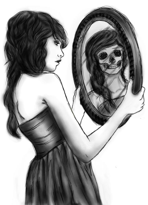 Skull Reflection, Hamlet Aesthetic, Reflection Tattoo, Reflection Drawing, Mirror Tattoos, Mirror Drawings, Soul Collage, Girl Skull, Gcse Art Sketchbook