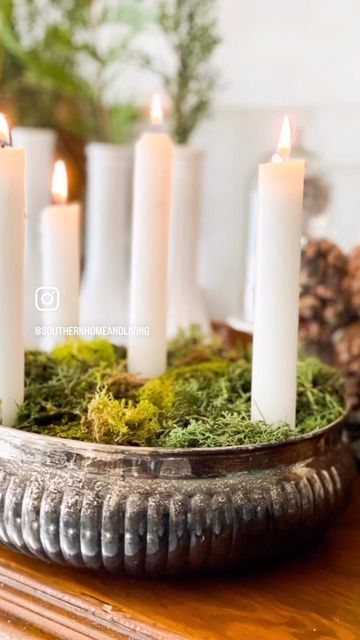 Erin Sowell on Instagram: "When I found this beautiful vintage silver bowl while thrifting, I knew immediately that I wanted to fill it with candles and moss for the holiday season. Since I already had the round candle holder, from a previous thrift trip, it worked out perfectly. I simply added a few candles and some moss and it turned out just as I had envisioned. It will not only be beautiful to add to our Christmas decor, but will be equally as beautiful all winter long! Holiday decor doesn’t have to be expensive, grandiose or pretentious…it only needs to be cozy, to bring you joy and to be what YOU love! Do you use thrifted pieces in your Christmas decor also? XO ~ Erin #thriftfinds #thrifteddecor #thriftstyle #diydecor #christmasdecor #winterdecor #fleamarketfinds #fleamar Candle Stand Decor Ideas, Candle Stands Decor, Thrifted Pieces, Round Candle Holder, Thrifted Decor, Silver Candle Holders, Round Candle, Candle Arrangements, Cottage Witch