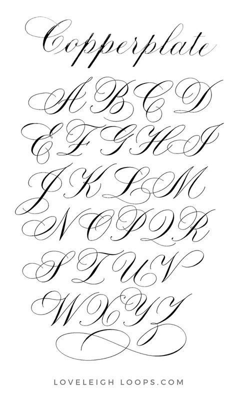 Learn the Copperplate uppercase alphabet with a simple printable worksheet from Loveleigh Loops! In Copperplate calligraphy, capitals are the final step and are a great place to add some calligraphy flourishes. Here you'll find calligraphy examples of flourished capital letters to serve as inspiration for your own calligraphy. Follow Loveleigh Loops for more calligraphy tutorials and tips! Copperplate Calligraphy Alphabet, Cursive Tattoo Letters, Calligraphy Flourishes, Calligraphy Writing Styles, Hand Lettering Alphabet Fonts, Calligraphy Letters Alphabet, Tattoo Fonts Alphabet, Flourish Calligraphy, Calligraphy Fonts Alphabet