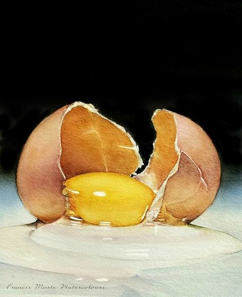 Egg Art Ideas, Watercolor Eggs, Drawing Eggs Art, Watercolor Fried Egg, Cracked Egg Illustration, Egg Oil Painting, Egg Watercolor, Broken Egg, Huevos Fritos