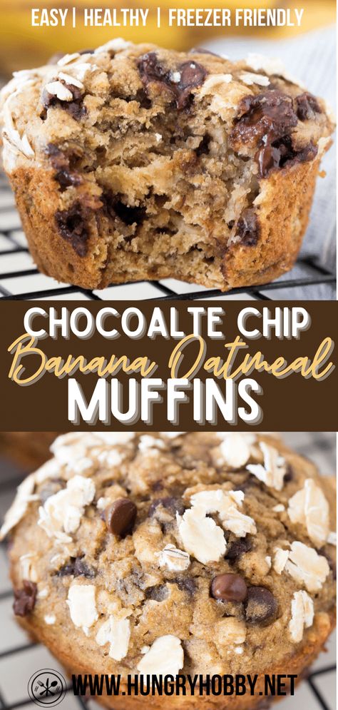 These warm, soft, chocolate chip banana oatmeal muffins are bursting with hearty oats and delicious mini chocolate chips. Easy and healthy! Thermomix, Oatmeal Chocolate Chip Muffins, Banana Oatmeal Muffins, Banana Oat Muffins, Healthy Chocolate Chip, Chocolate Chip Banana, Banana Chocolate Chip Muffins, Oatmeal Muffins, Healthy Oatmeal