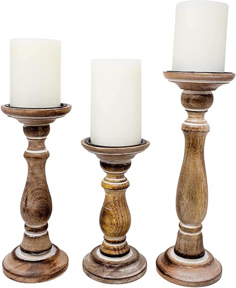 Boston Warehouse Natural Wood Pillar Candle Holder, 3 Piece Set, Smooth Whitewash : Home & Kitchen Dramatic Dining Room, Centerpiece Dining Room Table, Brown Candle Holders, Rustic Wood Candle Holders, Wood Pillar Candle Holders, Farmhouse Candle Holders, Dining Room Table Centerpiece, Decorating Rules, Candle Display