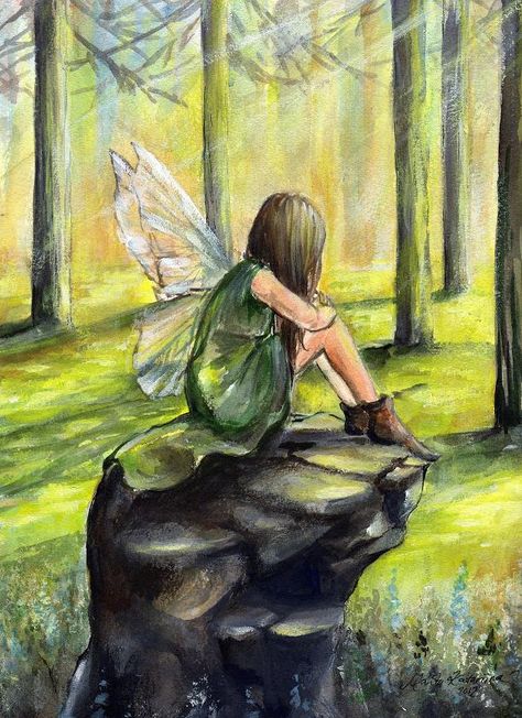 Marita Katariina - Alone in Sorrow. A fairy sits on a rock in the woods. Watercolour painting. Fantasy fairy art. Fairies Painting Acrylic, Fantasy Paintings Watercolor, Woodland Fairy Painting, Fairy Garden Painting Acrylic, How To Paint Fairies, Fairy Sitting Drawing, Acrylic Fairy Painting Ideas, Fairycore Painting Ideas, Fairy Painting Aesthetic