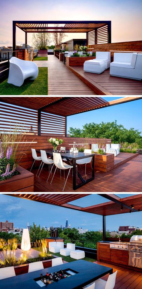 This rooftop entertaining area has all the essentials for hosting a party including ample lounge seating, an outdoor kitchen and dining table located under a pergola, and soft mood lighting. Rooftop Garden Urban, Design Per Patio, Rooftop Patio Design, Backyard Dining, Terrasse Design, Rooftop Terrace Design, Rooftop Design, Rooftop Patio, Relaxing Atmosphere