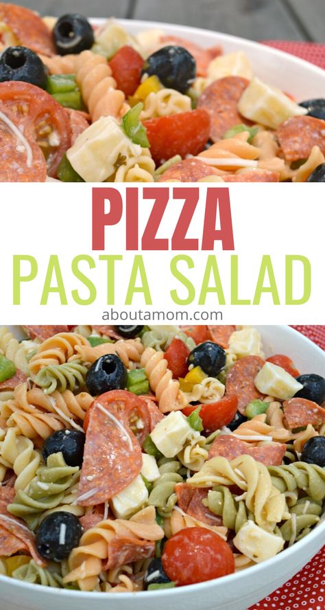 Pizza Pasta Salad has all the great flavors of a pizza, except in a bowl. You seriously can't go wrong with this cold pasta salad. #pasta #pastasalad #pizza Pasta Salad As A Meal, Cold Dinners On The Go, Easy Delicious Pasta Salad, Pizza Pasta Salad Recipes, Bowtie Pasta Recipes Cold, Cold Pasta Meals, Cold Recipes Dinner, Cold Pasta Salad Recipes Winter, Healthy Cold Pasta Recipes