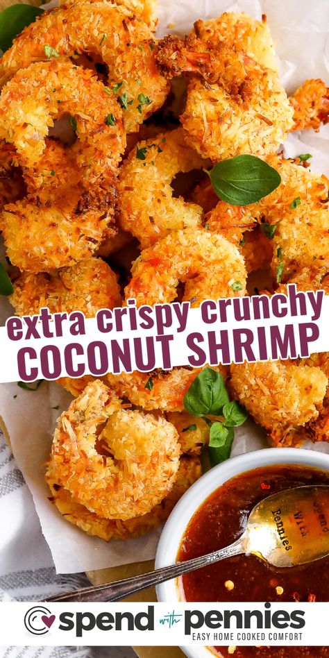 This coconut shrimp recipe makes a superb appetizer. In this recipe, jumbo shrimp are breaded in coconut and flour and then baked in the oven until they are irresistibly crispy. There are perfect for dipping into a sweet and spicy cocktail sauce. #coconutshrimp #coconutshrimprecipe #easycoconutshrimp #spendwithpennies Sweet And Spicy Cocktail, Spicy Cocktail Sauce, Coconut Shrimp Sauce, Shrimp In The Oven, Coconut Shrimp Recipe, Baked Coconut Shrimp, Baked Coconut, Coconut Shrimp Recipes, Garlic Shrimp Pasta