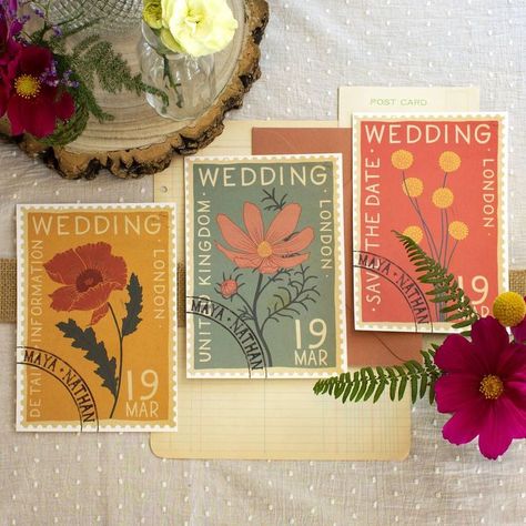 Vintage Stamp Inspired Wedding Invite Suite Vintage Flower Invitation, Vintage Floral Stamps, Love Letter Wedding Invitation, Vintage Postcard Wedding Invitations, Botanical Wedding Invite, Wedding Invite Vintage, Alternative Wedding Invites, Little Women Wedding Theme, 70s Wedding Invitation