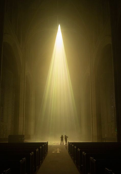 Light Installation Architecture, Cathedral Lighting, Installation Photography, Illumination Light, Beam Lights, Gold Lights, Experiential Art, Beams Of Light, Beam Of Light