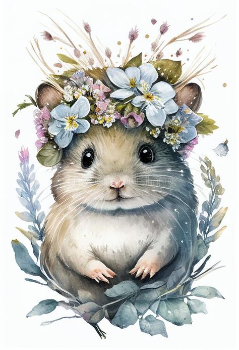 Beautiful watercolor mouse baby portrait, great design with flowers crown. Cute wildlife animal cartoon drawing Poster stock photo Mouse And Flower Tattoo, Mice In Flowers, Rabbit With Flower Crown, Animals With Flower Crowns, Mouse Sleeping In Flower, Cute Wildlife, Flowers Crown, Drawing Poster, Cartoon Drawings Of Animals