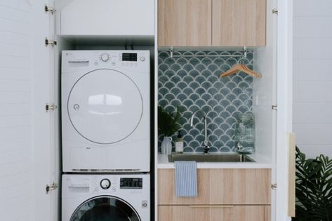 Toy Cupboard, Hampton Style Home, Small Laundry Room Ideas, Patterned Tile Backsplash, Kate Marker Interiors, Compact Laundry, Taupe Walls, Stylish Laundry Room, Laundry Room Ideas