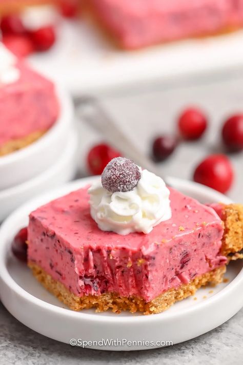 These Frozen Cranberry Bars are the perfect combination of sweet & tart, loaded with fresh cranberries & a graham cracker crust! Fresh Frozen Cranberry Recipes, Frozen Cranberry Dessert, Frozen Cranberry Recipes, Frozen Christmas Desserts, Cranberry Squares, Cranberry Recipe, Almond Oatmeal, Cranberry Bars, Cranberry Dessert