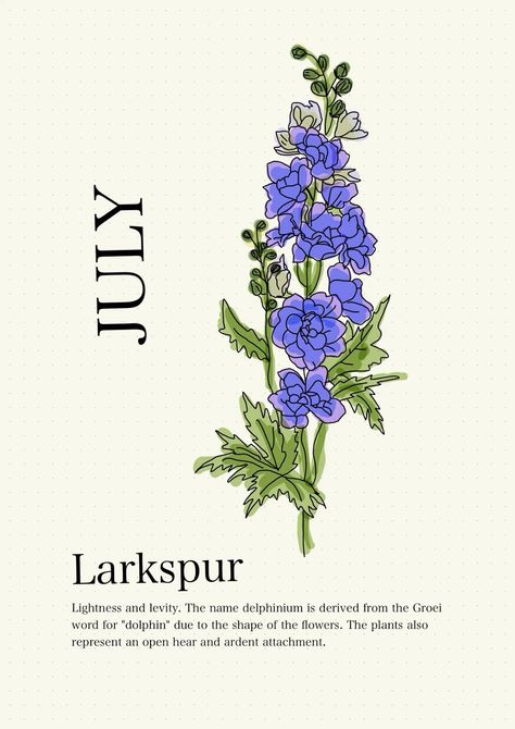 July Flower Birth Month, Birth Animal Tattoo, July Month Flower, Larkspur Flower Drawing, Best Feminine Tattoos, Larkspur Flowers, Birth Animal, Flower Vine Tattoos, July Flower