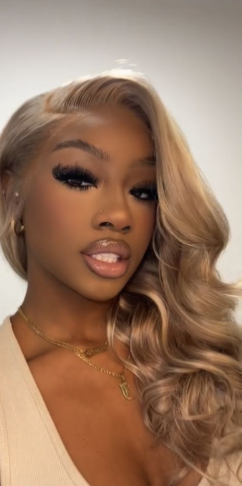 Beige On Black Women, Blonde Hair Makeup Black Women, Honey Blonde Wig With Bangs, Lace Fronts On Dark Skin, Dark Roots Blonde Hair Black Women, Dusty Blonde Hair On Black Women, Ash Blonde Wig Black Women Dark Skin, Ashy Blonde Hair Black Women, Gold Hair Black Women