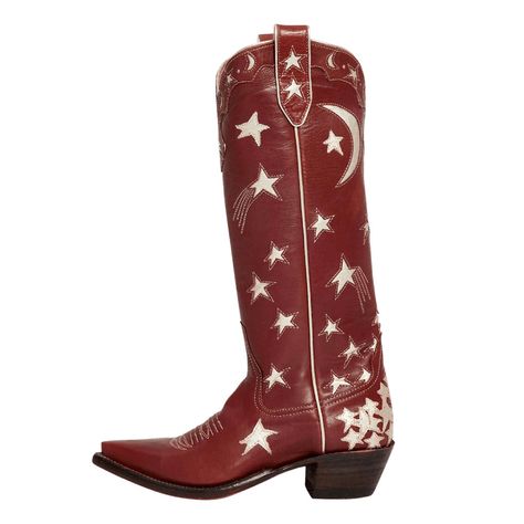 Spot Lights Handmade craftsmanship: Every stitch is neat and handmade. Material: Vegan leather Style: Knee-high boots Color: Maroon Heel Type: Chunky heels Heel Height: 50 mm / 2" approx Product measurements were taken using size 8. Please note that measurements may vary by size. Toe: Snip toe Platform: No platform Special Designs: The maroon knee-high cowgirl boots feature a star and moon pattern inlay design, with charming embroidery embellishment. Womens Tall Cowboy Boots, Texas Night, Knee High Cowgirl Boots, High Cowgirl Boots, Miron Crosby, High Cowboy Boots, Knee High Cowboy Boots, Fashion Cowboy Boots, Pointy Toe Heels