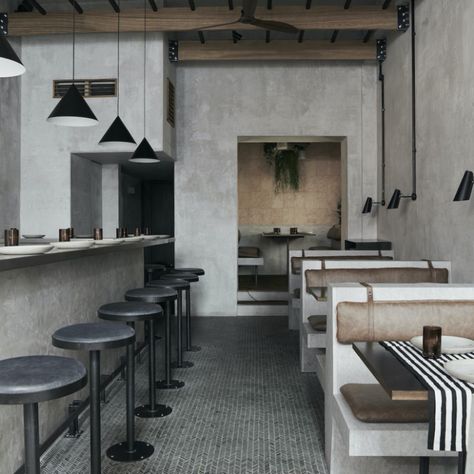 Cement Interior, Brutalist Interior, Coffee Shop Concept, Industrial Cafe, Industrial Restaurant, Cafe Concept, Counter Seating, Booth Seating, Concept Ideas