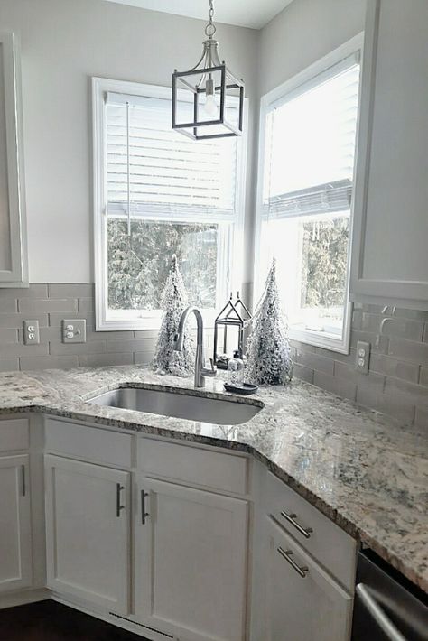 Corner Kitchen Sink With Windows Decor, Corner Sink Decorating Ideas, Corner Kitchen Sink Cabinet Ideas, Corner Sinks Kitchen, How To Decorate Behind A Corner Kitchen Sink, Kitchen Design With Corner Sink, Kitchen Corner Windows Over Sink, Sink In Corner Of Kitchen, Corner Kitchen Sink Decor Ideas