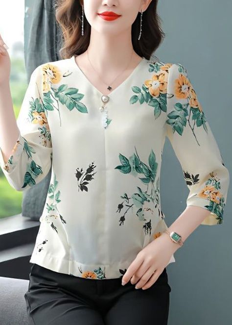 Green Leaf Print Chiffon Shirts V Neck Nail Bead Bracelet Sleeve – Omychic Printed Shirts For Women, Chiffon Shirts, Bracelet Sleeve, Paisley Print Blouse, Green Leaf Print, Women Blouses Fashion, Comfortable Room, Chiffon Shirt, Beautiful Blouses