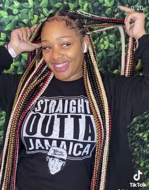 Plaits With Color For Black Women, Braids With Multiple Colors, Tricolor Box Braids, Black Women Colored Braids, Multicolored Box Braids, Tri Color Braids, Tricolor Braids, Fall Box Braids Black Women, Three Color Braids