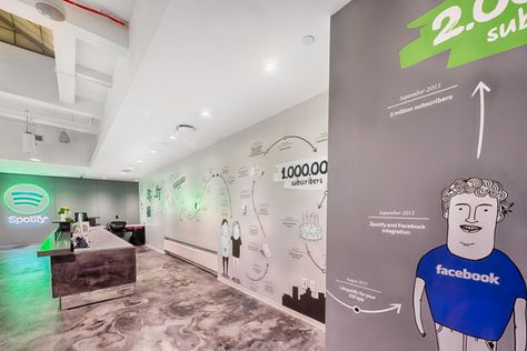 The Wonderfully Designed Offices of Spotify in New York City - Officelovin' Spotify Office, Graphic Office, Office Wall Design, Office Reception, Coworking Space, Office Interior, Office Walls, Office Inspiration, Music Streaming