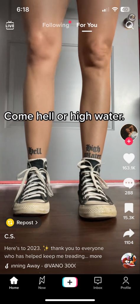 Hell Or High Water Tattoo, Ankle Tats, Hell Or High Water, Water Tattoo, Black Ink Tattoos, Ankle Tattoo, High Water, Tattoos And Piercings, Tattoos