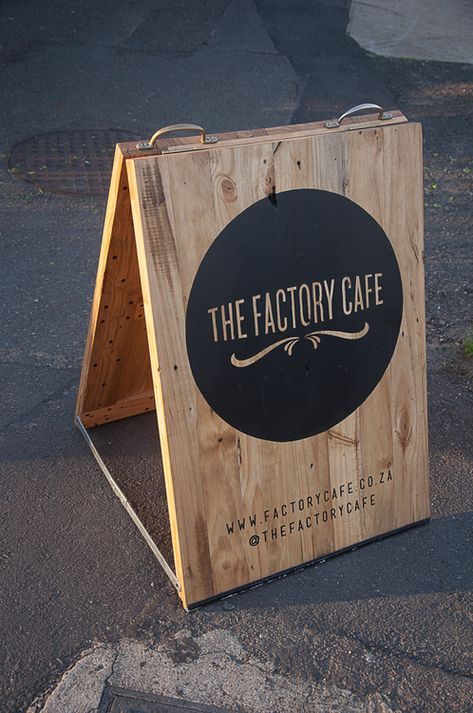 “Street signage branding for a local coffee shop where I live. Durban, South Africa.” by Mike van Heerden Cafe Sign, Shop Signage, Sandwich Board, Cafe Logo, Local Coffee Shop, Coffee Shop Design, Old Pallets, The Factory, Cafe Shop