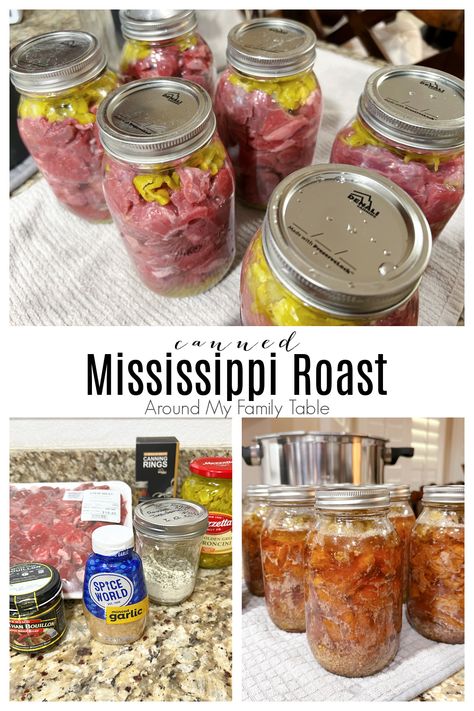 Mississippi Pot Roast is a beef roast cooked with pepperoncinis, ranch seasoning, and slow cooked in some sort of beef bouillon. My canned Mississippi Roast recipe is perfect for a quick and easy meal any night of the week. It's delicious and will quickly become a family favorite. via @slingmama Meal Prep Canning, Pressure Canning Beef Stroganoff, Canned Meat Recipes Pressure Canning, Living Traditions Homestead Recipes, Canning Pot Roast, Canning Italian Beef, Canning Pot Roast In A Jar, Home Canned Soup Recipes, Canning Mississippi Pot Roast