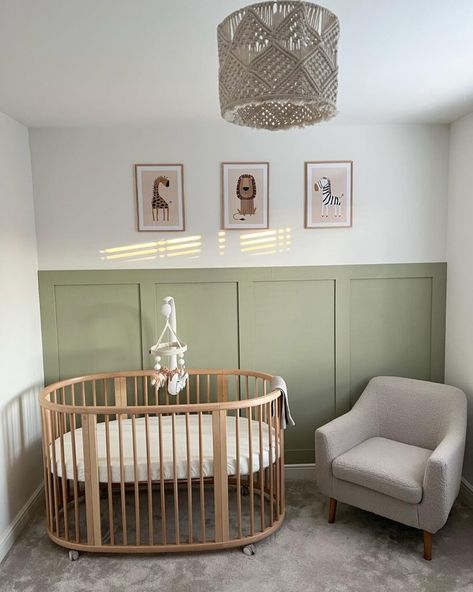 Nursery Green Panelling, Nursery Wall Accent Ideas, Two Color Nursery Walls, Shiplap Window Wall, Green Half Panel Wall, Green Accent Nursery Wall, Nursery Batten Board, Overtly Olive Nursery, Half Wall Nursery Ideas