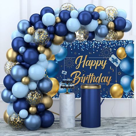 98 Blue Navy Gold Balloon Arch, Large Blue Gold Happy Birthday Backdrop Banner, Blue Birthday Balloons, Blue Baby Shower Balloons, Wedding Balloons, Engagement Balloons, Blue Birthday Photo Background Props, Photo Booth, Blue Birthday Decorations. Get ready to capture lasting memories with this stunning Happy Birthday Backdrop and Balloon Arch. Balloon Arch Contents - 98 pieces as shown in the picture. Backdrop Size - 180cm x 110cm. May vary slightly due to manual measurement. Colour may vary slightly due to lighting. Dispatched with Royal Mail 1st Class. 40th Birthday Blue And Gold, Metallic Blue Balloon Garland, Male Birthday Backdrop Ideas, Blue Colour Birthday Decoration, Blue And Gold 50th Birthday Party, Blue And Gold Themed Party, Royal Blue Backdrop Ideas, Light Blue Birthday Decorations, Blue Color Theme Party Ideas For Adults