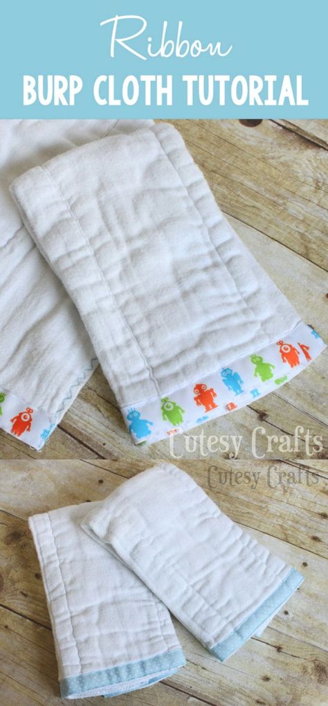 Add a little bit of ribbon and some decorative stitching, and you've got yourself some cute and custom DIY burp cloths! These are made from diapers and are a perfect gift for baby. Customize for girls or boys. Diy Baby Burp Cloths, Diy Boy Gifts, Burp Cloth Tutorial, Burp Cloths Diy, Baby Boy Burp Cloths, Easy Baby Blanket, Boy Diy, Burp Rags, Trendy Baby Shower Ideas