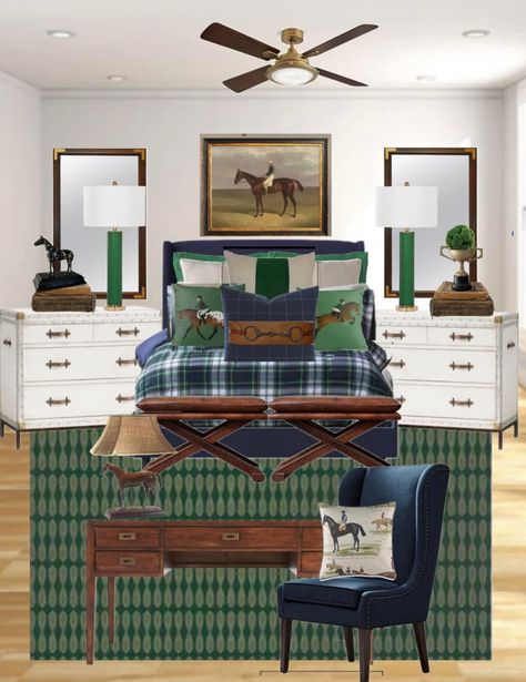 Masculine Bedroom Green, Main Bedroom Ideas Master Suite, Lake House Guest Bedroom, Heritage Bedroom, Equestrian Bedroom, Green Boys Room, Blue Boys Bedroom, Funky Bedroom, Boys Bedroom Makeover