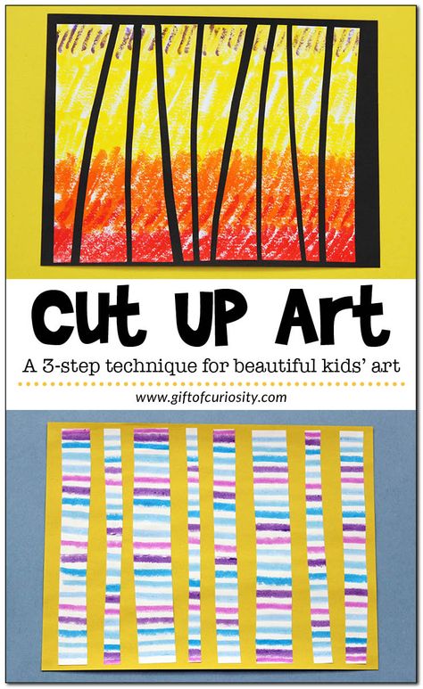 Cut Up Art: A creative twist on painting that uses several art mediums and provides a beautiful finished product. A great kids' art project! || Gift of Curiosity Preschool Art Projects, Art Mediums, 2nd Grade Art, Elementary Art Projects, Homeschool Art, Kindergarten Art, Art Activities For Kids, Art Lessons Elementary, School Art Projects