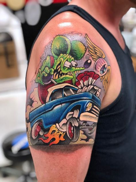 Tire Tattoo, Hot Rod Tattoo Old School, American Traditional Mechanic Tattoo, Rat Rod Tattoo, Rat Fink Tattoo, Mechanic Tattoo Ideas, Hot Rod Tattoo Ideas, Hotrod Tattoos, Rat Rod Tattoo Ideas