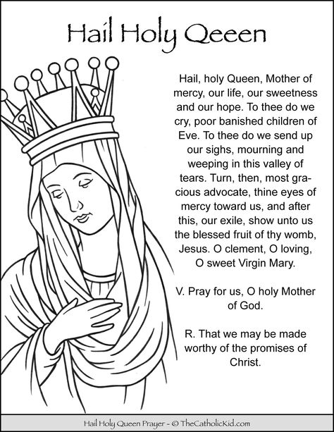 Hail Holy Queen Prayer Coloring Page - TheCatholicKid.com Catholic Prayers For Kids, Virgin Mary Coloring Page, Hail Mary Coloring Page, Rosary Coloring Page, Mary Coloring Page, Hail Mary Prayer For Kids, Prayers For Kids, Mary Prayers, Praying The Rosary Catholic