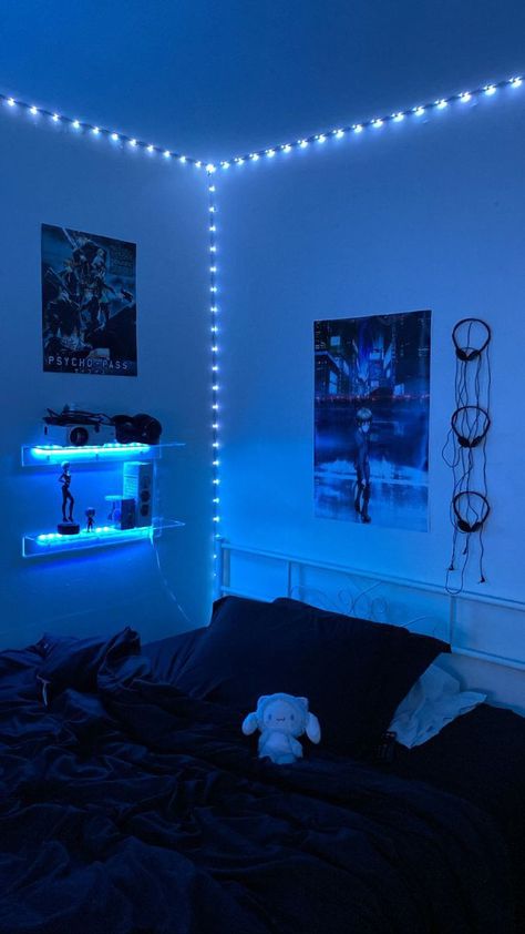 Aesthetic Blue Room Decor Ideas, Blue Room Aesthetic Dark, Cybergoth Bedroom, Aesthetic Blue Room Ideas, Blue Goth Bedroom, Dark Cybercore Room, Blue Room Ideas For Boys, Eboy Room, Cybercore Room Ideas