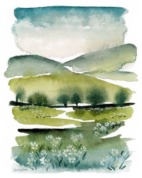 Rolling Hills Landscape, Hills Landscape, Watercolor Wall Decor, Easy Landscape Paintings, Watercolor Art Landscape, Wall Art Green, Watercolor Paintings For Beginners, Flower Meadow, Diy Watercolor Painting