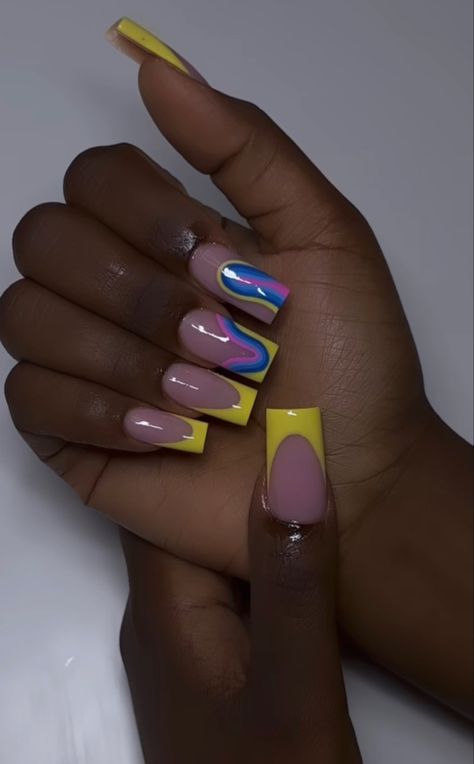 Color Full Nails, Jamaican Nails Ideas, Dope Nail Designs Mid Length, Purple And Yellow Nails, Pink Baddie Nails, Yellow And Blue Nails, Blue And Yellow Nails, Stacy Dash, Ambre Nails