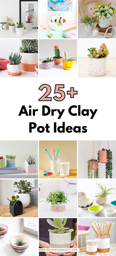 Air Dry Clay Air Plant Holder, Handmade Clay Pots Ideas, Air Dry Clay Flower Pot Ideas, Diy Clay Polaroid Holder, Clay Planters Diy, Air Dry Clay Pots & Planters, Handmade Plant Pots, Air Dry Clay Flower Pots, Air Dry Clay Vase Diy