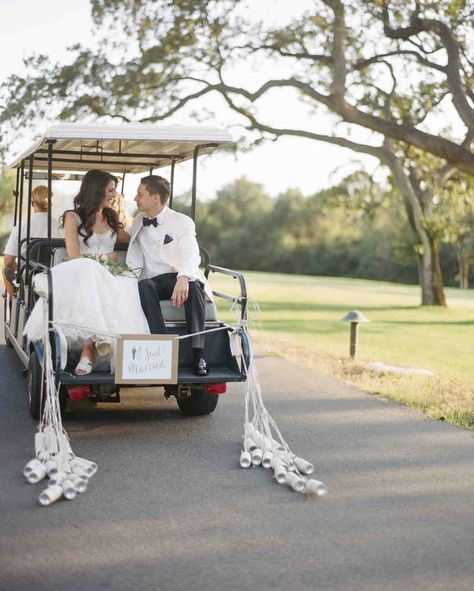 Golf Cart Wedding Exit, Golf Wedding Theme, Golf Cart Decorations, Beach Wedding Pics, Wedding Getaway Car, Wedding Golf, Backyard Elopement, Chinese Wedding Decor, Ojai Wedding