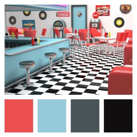 Aesthetic Color Palette, Diner Aesthetic, 50s Aesthetic, 1950s Diner, 50's Diner, 50s Design, 50s Diner, Vintage Colour Palette, Diner Decor