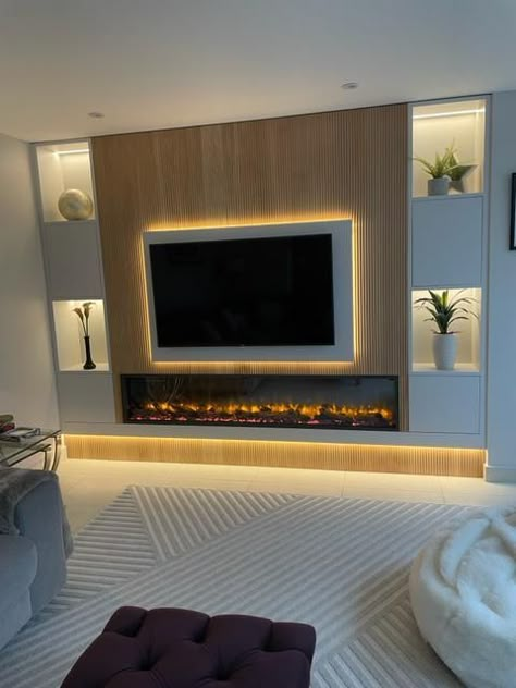 Media Wall With Lights, Modern Media Wall With Fireplace, Media Wall Lighting Ideas, Media Wall With Cladding, Media Wall Cladding, Media Wall Design Ideas, Media Wall Tv And Fire, Panelled Media Wall Ideas, Living Room Media Wall Ideas With Fireplace