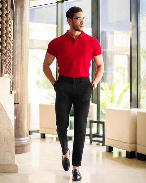 Red Polo Shirt Outfit Men, Red Polo Shirt Outfit, Grwm Men, Business Casual Outfits For Men, Red And Black Outfit, Polo Outfit Men, Polo Shirt Outfit Men, Red And Black Outfits, Stylish Men Wear