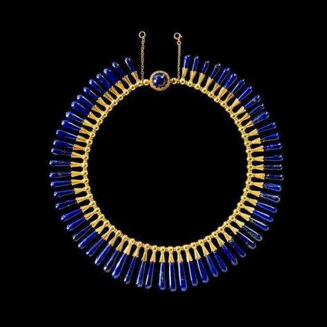 Egyptian style gold and lapis lazuli necklace, by Luigi Freschi, 1860 Egyptian Revival Jewelry, Jewellery Exhibition, Bling Ring, Egyptian Style, Lapis Lazuli Jewelry, Long Pearl Necklaces, Historical Jewellery, Lapis Lazuli Necklace, Egyptian Jewelry