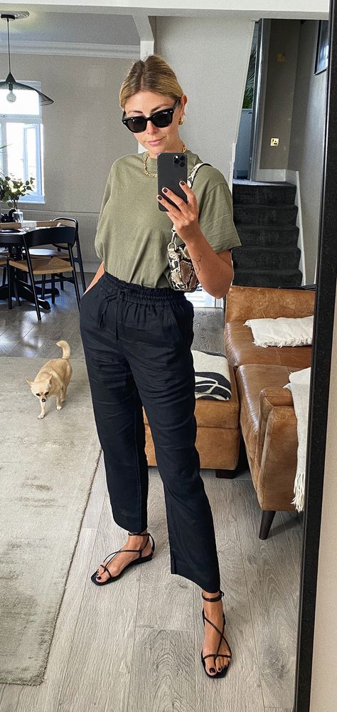 Modern Summer Outfits For Women, Black Beach Trousers Outfit, Black Slip On Sandals Outfit, Snakeskin Sandals Outfit, Emma Hill Summer Style, Summer Outfit Trousers, Black Casual Sandals, How To Style Black Linen Pants Casual, Birkenstock Outfit 2023 Summer