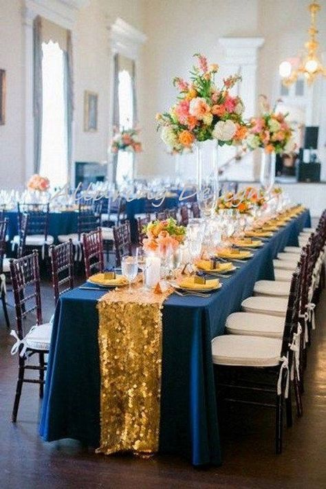 Orange Wedding Decorations, Navy Blue And Gold Wedding, Blue And Gold Wedding, Beauty And The Beast Wedding, Gold Wedding Colors, Holiday Dinner Party, בר מצווה, Navy Blue Wedding, Orange Wedding