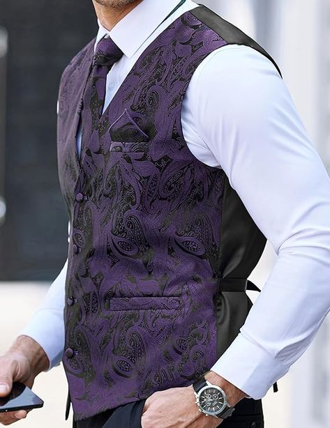 COOFANDY Purple Vest for Men Paisley Jacquard Vest Tie with Pocket Formal Tuxedo Vest Suit Set for Wedding Party, Purple, M at Amazon Men’s Clothing store Black And Purple Wedding Suit Men, Men Purple Aesthetic, Black Suit With Purple Accents, Dark Purple Prom Suit, Purple Vest Outfit Men, Purple Waistcoat Men, Prom Outfits Purple, Purple Suit Aesthetic, Groom Attire Purple