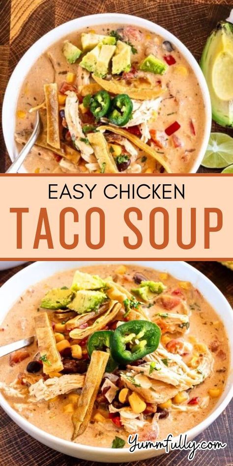 My family loves tacos and when the weather starts to get cold, I love to make a big pot of creamy chicken taco soup. This is a very easy chicken taco soup because you make it with leftover rotisserie chicken and all you have to do is dump all the ingredients into the pot! Creamy Chicken Taco Soup, Easy Chicken Taco Soup, Easy Chicken Taco, Rotisserie Chicken Recipes Leftover, Rotisserie Chicken Soup, Rotisserie Chicken Tacos, Chicken Taco Soup Recipe, Recipes Using Rotisserie Chicken, Chicken Tacos Easy