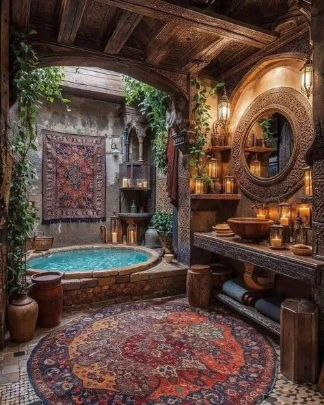 Bohemian Tiny House Decor, Elven Interior Design, Magical House Aesthetic, Rustic House Interior Decor, Boho Bathtub, Cottage House Ideas, Cool Bathroom, Casa Hobbit, Beautiful Bathtubs